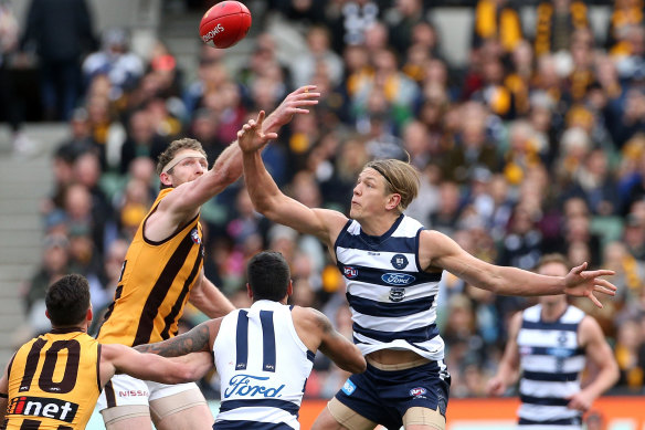 Hawthorn and Geelong clash in round 18 last year. They could meet again when play restarts next month.