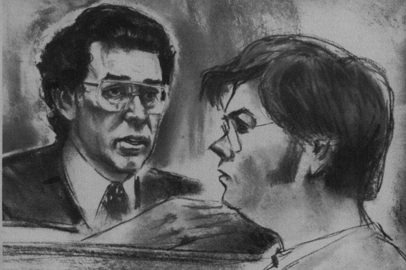 "An artist's drawing in a New York court room of Mark David Chapman, who is charged with the murder of John Lennon. December 11, 1980. "