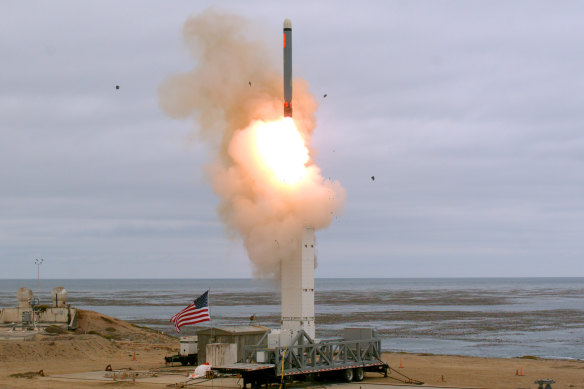 A conventionally configured ground-launched cruise missile is tested on San Nicolas Island off the coast of California on Sunday.