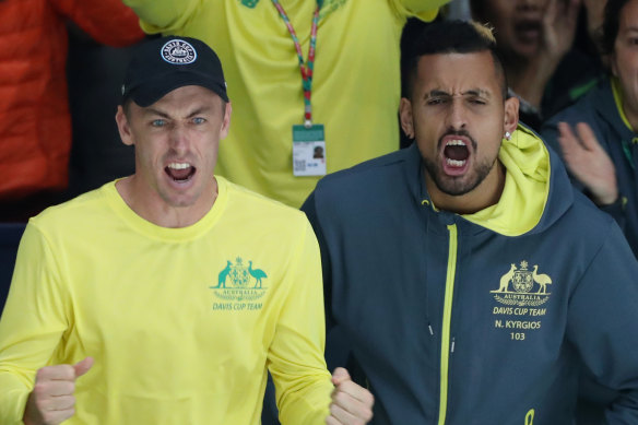 John Millman, left, and Nick Kyrgios, right, at the Davis Cup.