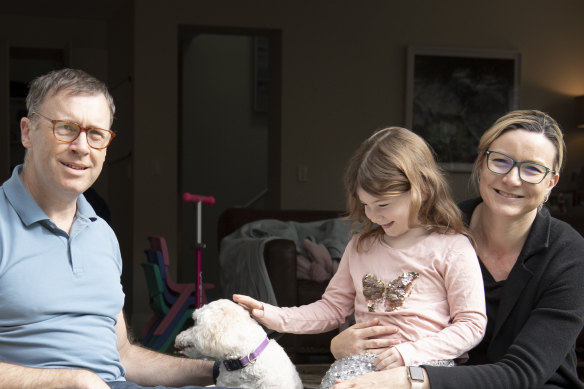 Ben and Katrina from Randwick have Maddie, 5, at home while schools are closed but would happily send her back when they reopen.