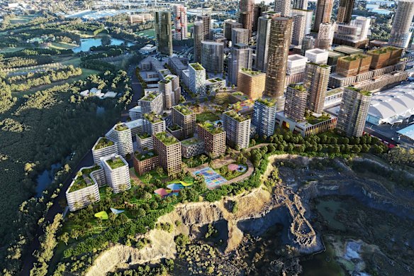 An artist’s impression of Sydney Olympic Park in 2050 under the masterplan: the Eastern Neighbourhood.
