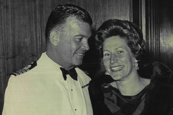 Captain Guy Griffiths with his wife Carla at a ball held for the officers and men of HMAS Hobart at the Wentworth Hotel in 1967.