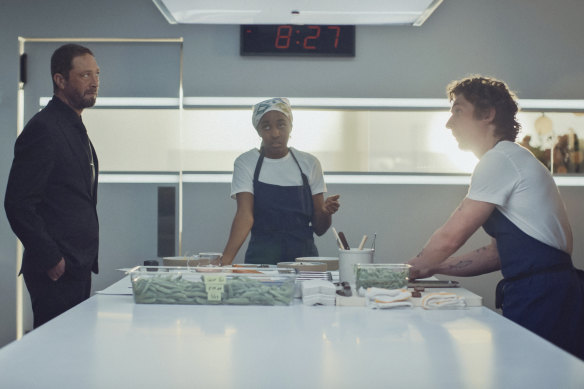 Ebon Moss-Bachrach, from left, Ayo Edebiri and Jeremy Allen White in The Bear.