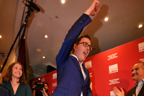 Premier Daniel Andrews cheers Labor’s 2018 election win. His Socialist Left faction will this week meet with sections of the Right after earlier this year signing a stability deal.