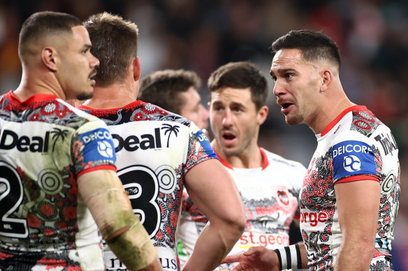 Dragons five-eighth Corey Norman fires up after a try to the Tigers on Friday night.