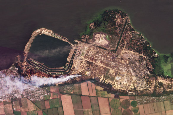 This composite of satellite images taken by Planet Labs PBC shows smoke rising from fires at the Zaporizhzhia nuclear power plant in southeastern Ukraine.