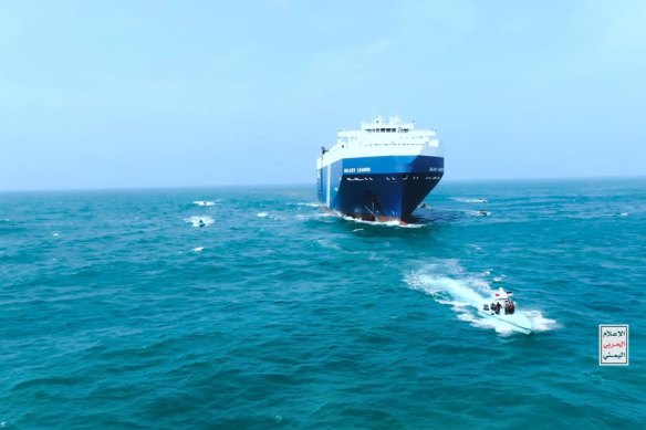 Yemen’s Houthi fighters’ takeover of a container ship in the Red Sea coast off Hudaydah in November. 