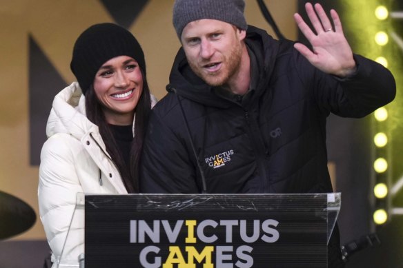 Prince Harry and Meghan, Duke and Duchess of Sussex, at a welcome celebration during the 2025 Invictus Games in February.