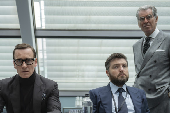 From left: Michael Fassbender, Tom Burke and Pierce Brosnan in Black Bag.