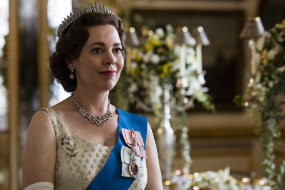 Olivia Colman portrays Queen Elizabeth II in a scene from the Netflix series “The Crown”.