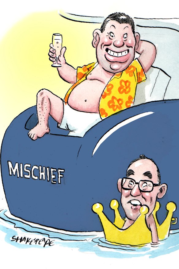 James Packer has been on Ian Malouf's yacht Mischief in Europe. Illustration: John Shakespeare