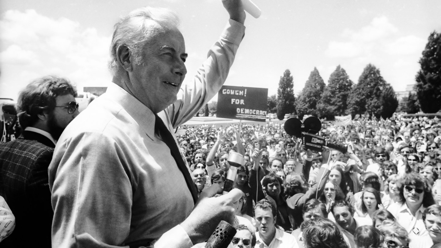 Gough Whitlam addresses a Labor rally outside of Parliament House in 1975.