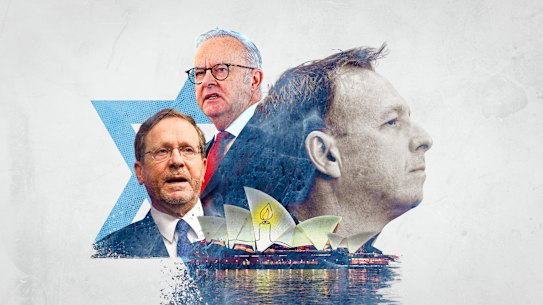 Israeli President Isaac Herzog, Prime Minister Anthony Albanese and Jeremy Leibler