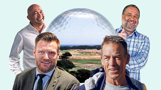 National Golf Club members Adam D’Sylva and Mick Molloy (back), former member Sam Groth (front left) and bathroom visitor Alastair Clarkson.