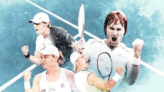 Alex de Minaur, Ash Barty, Lleyton Hewitt and Jimmy Connors doing the fist pump.