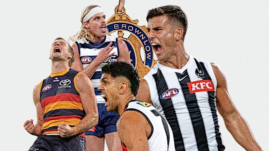 Brownlow Medal contenders (left to right) Jordan Dawson, Bailey Smith, Nasiah Wanganeen-Milera and Nick Daicos.  