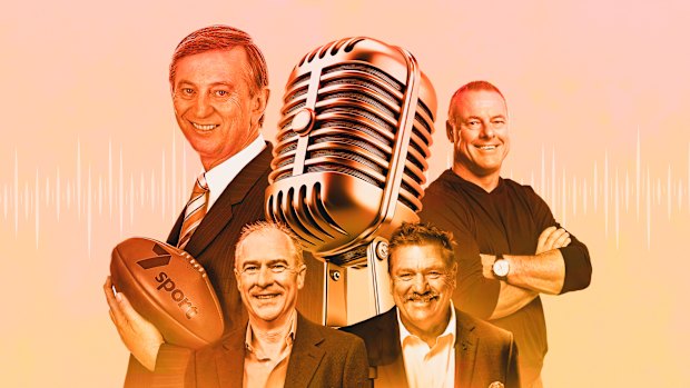 The art of sports commentary (clockwise from top left): Dennis Cometti, Dwayne Russell, Brian Taylor and Gerard Whateley.