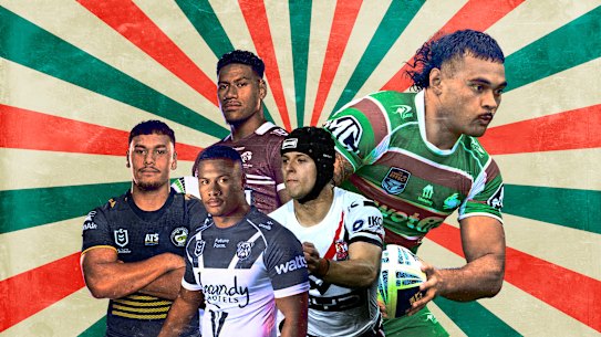 NRL new faces: (clockwise from left) Jezaiah Funa-Iuta (Eels), Simi Laiafi (Sea Eagles), Salesi Ataata (Rabbitohs), Toby Rodwell (Roosters) and Finau Latu (Bulldogs).
