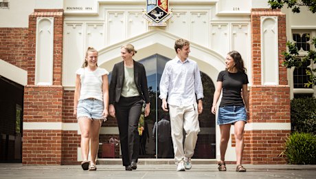 Ballarat Clarendon College Year 12 students (l-r) Annabelle Moloney, school captain,  Charlie Chandler, Vice captain and  Ruby Kinnersly, school captain with school Principal Jen Bourke. 