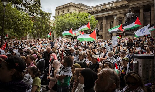 Pro-Palestinian protesters rally at the State Library of Victoria.