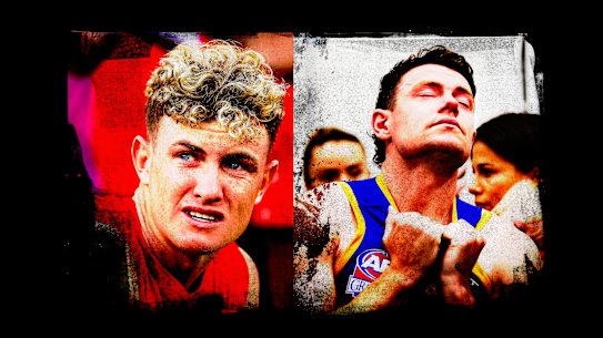 The pain of losing a grand final: Sydney’s Chad Warner in 2022 and the Brisbane Lions’ Lachie Neale in 2023.