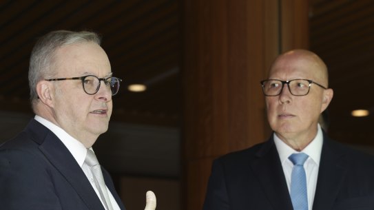 Prime Minister Anthony Albanese and Opposition Leader Peter Dutton during the launch of the annual Kmart Wishing Tree Appeal event at Parliament House in November.