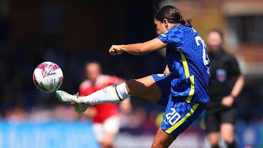 Sam Kerr strikes her second goal for Chelsea against Manchester United on Sunday.