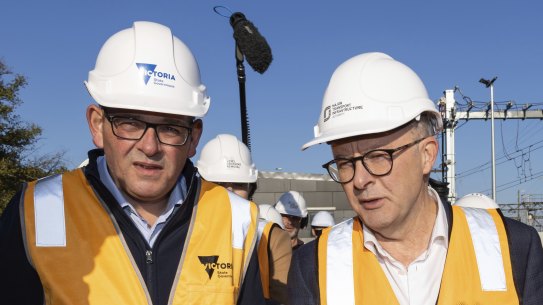 Hardhat bromance: Daniel Andrews (left) and Anthony Albanese at a level-crossing removal project in Surrey Hills on Tuesday morning.