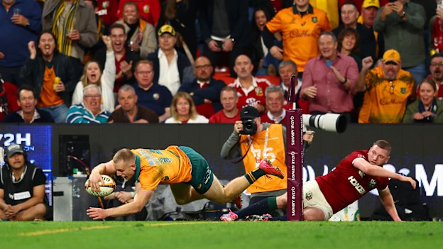 Max Jorgensen scores against the British and Irish Lions in Brisbane.