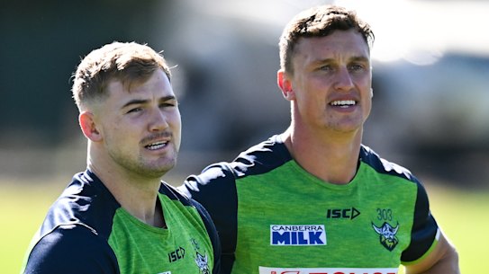 All good in the hood: Hudson Young and Jack Wighton at training on Thursday