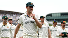 LONDON, ENGLAND - JUNE 13: Australia captain Pat Cummins leads his team from the fields at stumps on day three of ICC World Test Championship Final between South Africa and Australia at Lord's Cricket Ground on June 13, 2025 in London, England.  (Photo by Gareth Copley/Getty Images)