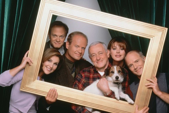 The cast of 1993 sitcom Frasier, famously a spinoff from Cheers.