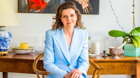 ***EMBARGOED FOR GOOD WEEKEND, JULY 27/24 ISSUE*** Allegra Spender photographed at home, June 2024, in front of a portrait she painted of her late father, former Liberal MP John Spender. Photograph by Tim Bauer Hair & Make-up by Desiree Wise (photographer on contract, no restrictions) Social tags : @timbauerphoto_studio, @desiree_wise