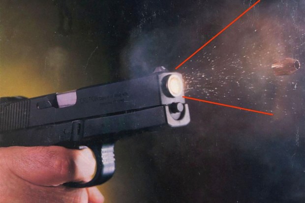 A supplied image taken from court exhibits obtained on Monday, October 12, 2026, of a diagram explaining the phenomenon of stippling, where the distance from a gun to the target affects the spread of propellant particles.
