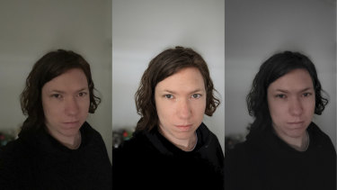 Portrait mode selfies taken at night with the lights off. iPhone on left, Pixel centre, Galaxy right. The Pixel has managed to capture correct colours and details, and even done a good job cutting around my scraggly hair for the background blur.