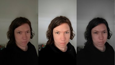 Portrait mode selfies taken at night with the lights off. iPhone on left, Pixel centre, Galaxy right. The Pixel has managed to capture correct colours and details, and even done a good job cutting around my scraggly hair for the background blur.