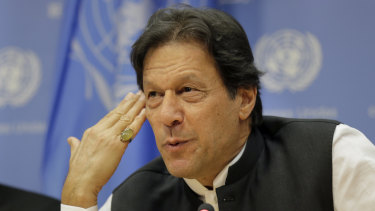 Imran Khan, Prime Minister of Pakistan, speaks to reporters at United Nations on Tuesday.