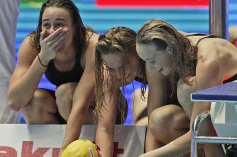 Australia's women's 4x200m freestyle relay team celebrate after wining the final at the World Swimming Championships in Gwangju, South Korea.