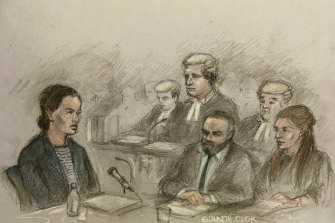 This court sketch shows Coleen Rooney’s barrister David Sherborne, centre back, questioning Rebekah Vardy, watched by Wayne and Coleen Rooney. 
