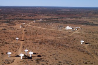 An aerial view of radio telescope dishes in Western Australia, which form part of the international Square Kilometre Array project.