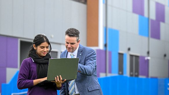 Southern Cross Grammar student Samanvi Mathur with principal Brayden Stone.