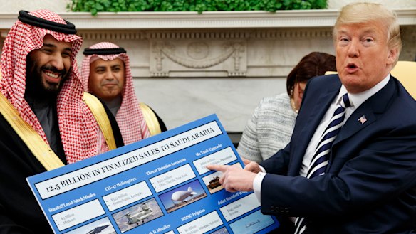 Saudi Crown Prince Mohammed with US President Donald Trump at the White House, with a chart highlighting American arms sales to Saudi Arabia. 