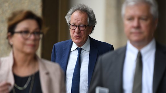Geoffrey Rush outside court on Thursday. 
