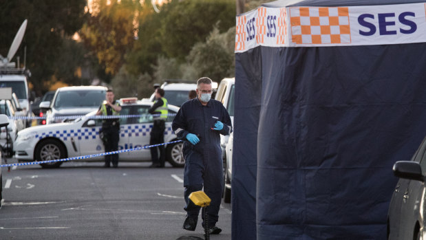 Forensic Police at the scene of a stabbing death in Augusta Avenue in Campbellfield. 