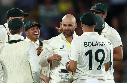 Nathan Lyon celebrates the wicket of Jermaine Blackwood.