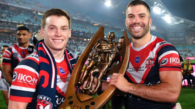 Luke Keary and James Tedesco, celebrating the 2019 NRL premiership, are the two players the Roosters have chosen to build their club around.