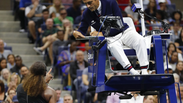 Explosion: Williams had a number of exchanges with chair umpires Carlos Ramos.