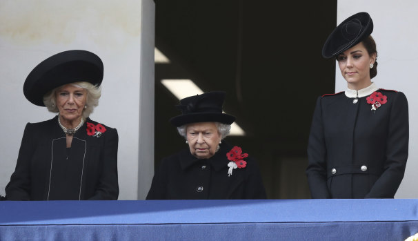 The Duchess of Cornwall, Queen Elizabeth II and the Duchess of Cambridge watch London's Armistice Day service.
