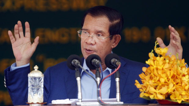 Cambodia's Prime Minister Hun Sen delivers a speech in Kampong Speu province, south of Phnom Penh, at a ceremony to mark construction of the country's first expressway.
